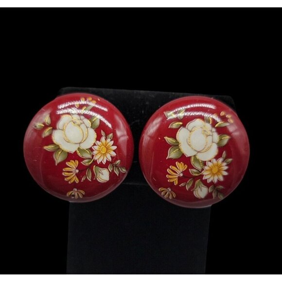 Cherry Red Enamel Clip On Earrings Hand Painted Vintage Floral Design - Picture 4 of 10